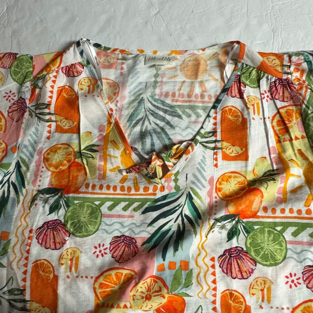 Kate and Lily Women 2X Tropical Citrus Print V-Neck Tie Blouse Short Sleeve Top